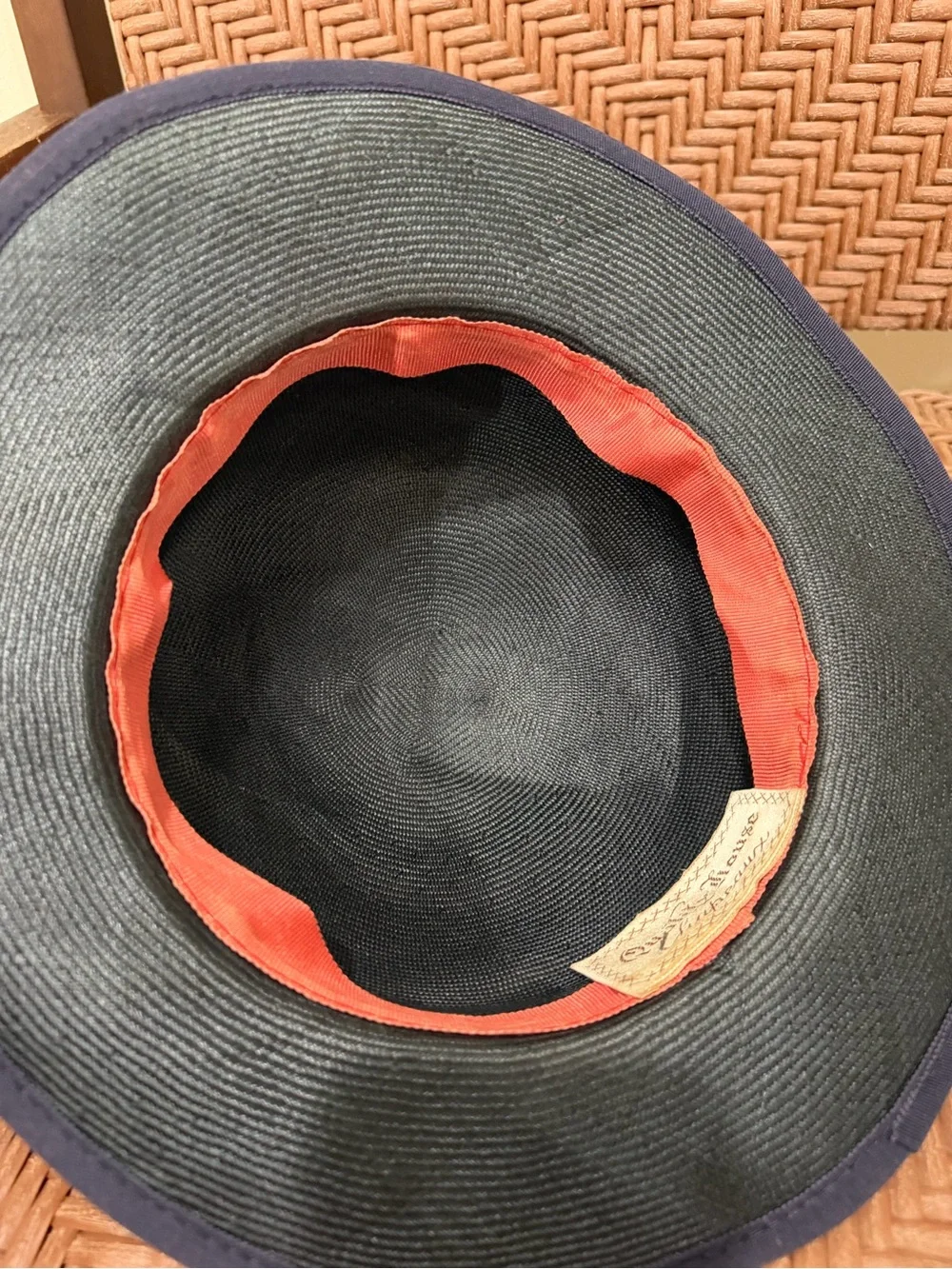 Vintage Women's Navy Straw Sun Hat with Ribbon Bow